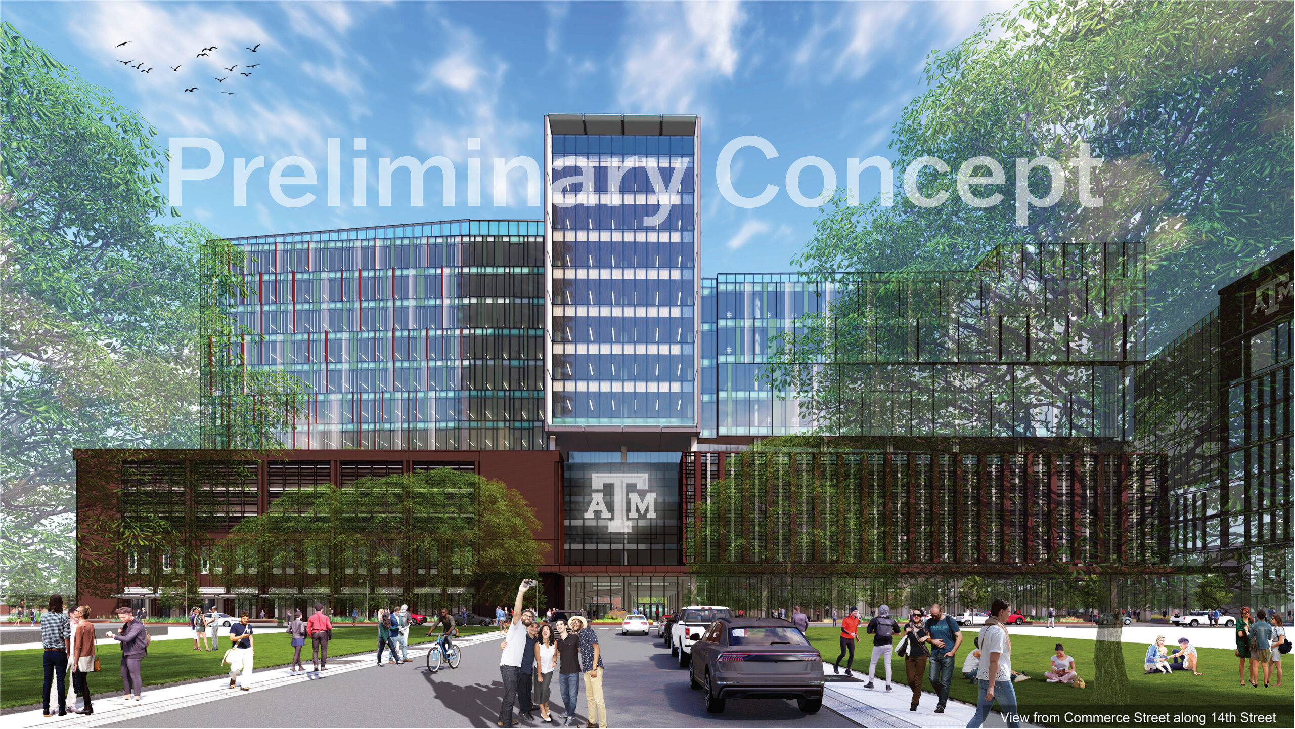 Artist's rendering of the preliminary concept for the Research and Innovation building from Commerce Street along 14th Street of the Texas A&M-Fort Worth campus.