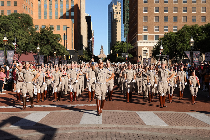 The band marching in the Texas A&M Corps of Cadets March In before Texas A&M's win over Arkansas.